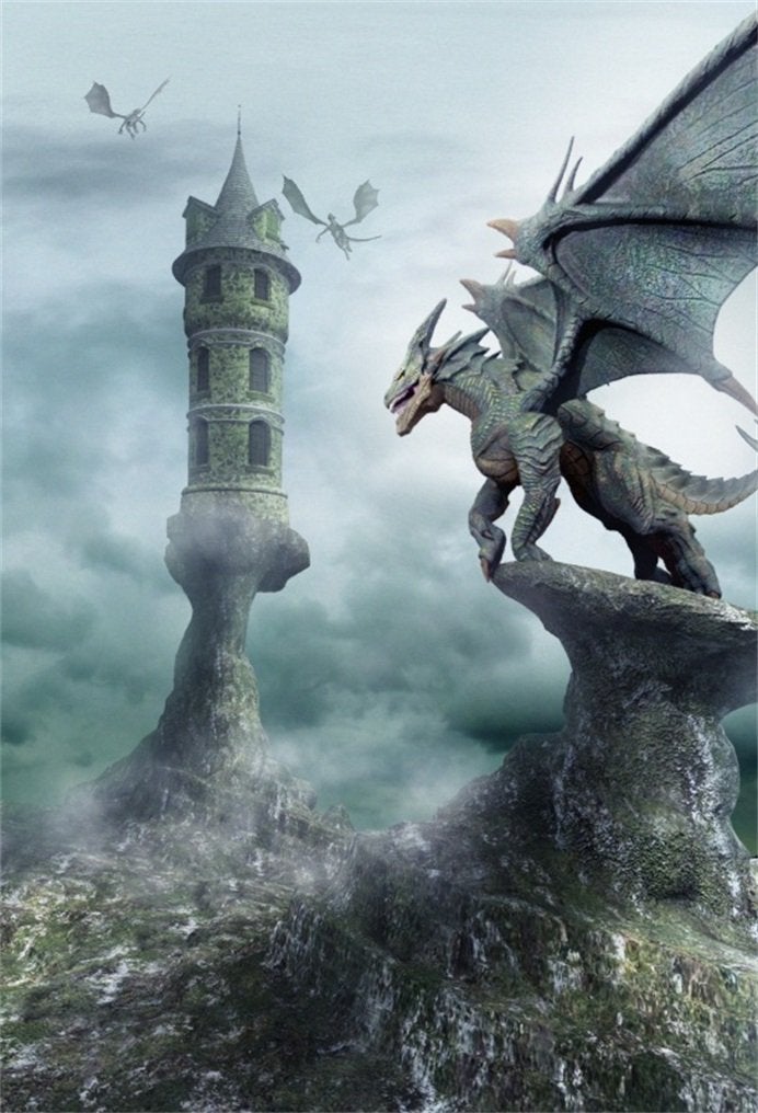 AOFOTO 5x7ft Tower Guarded by Dragons Backdrop Fantastic Magical World Creature Photography Background Boys Kids Birthday Party Decoration Baby Portrait Imaginary Halloween Photo Shoot Props Vinyl - Image 1